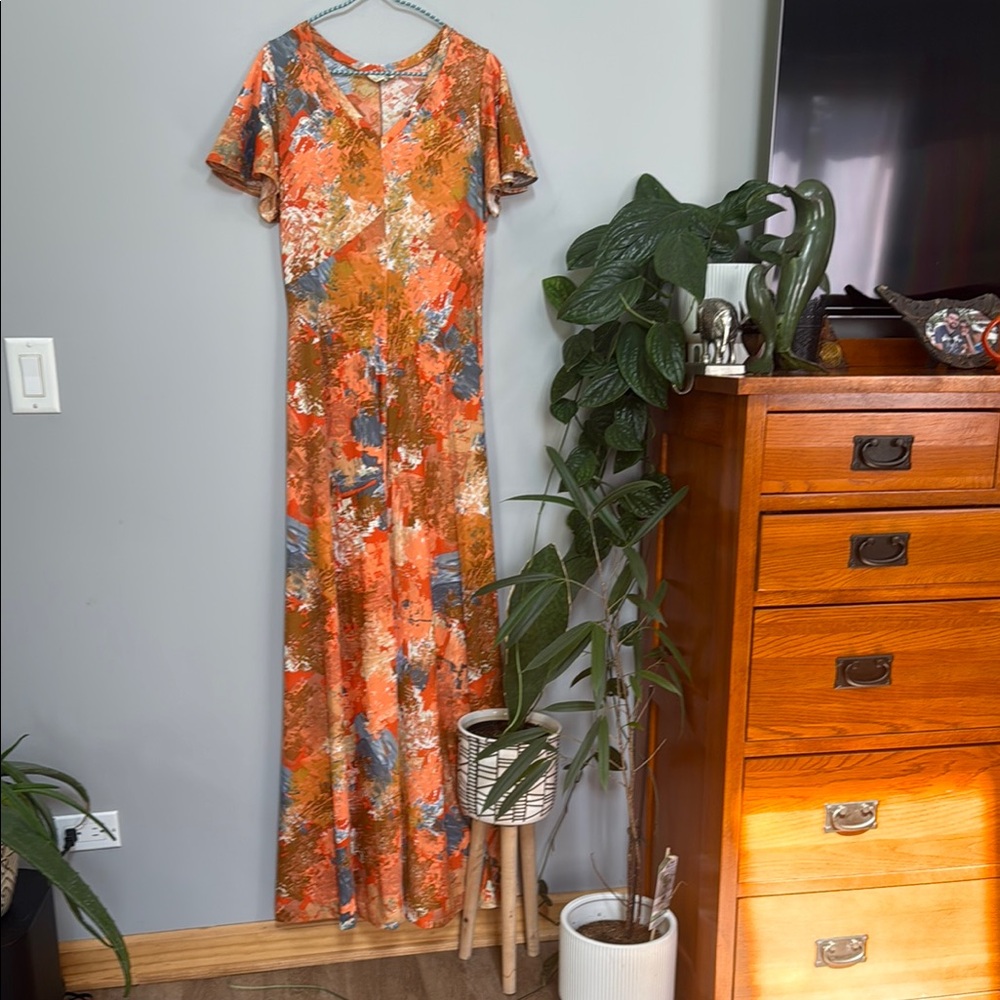 Vintage 70s  Orange and White Ruffled Tiered Maxi Sundress